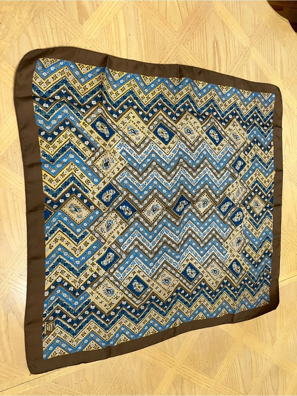 Vintage Liberty of London Blue, Brown and Cream Floral, Geometric Silk Scarf - Picture 2 of 5